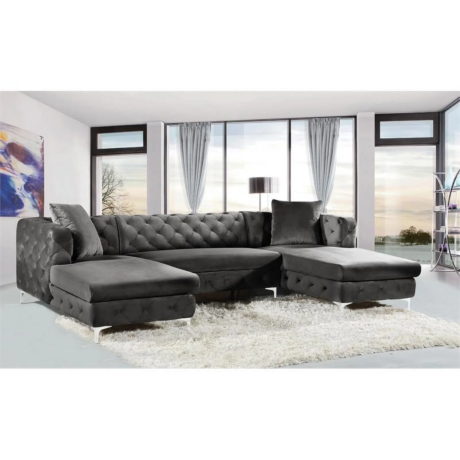 Trent Home Contemporary 3-Piece Velvet Sectional in Gray