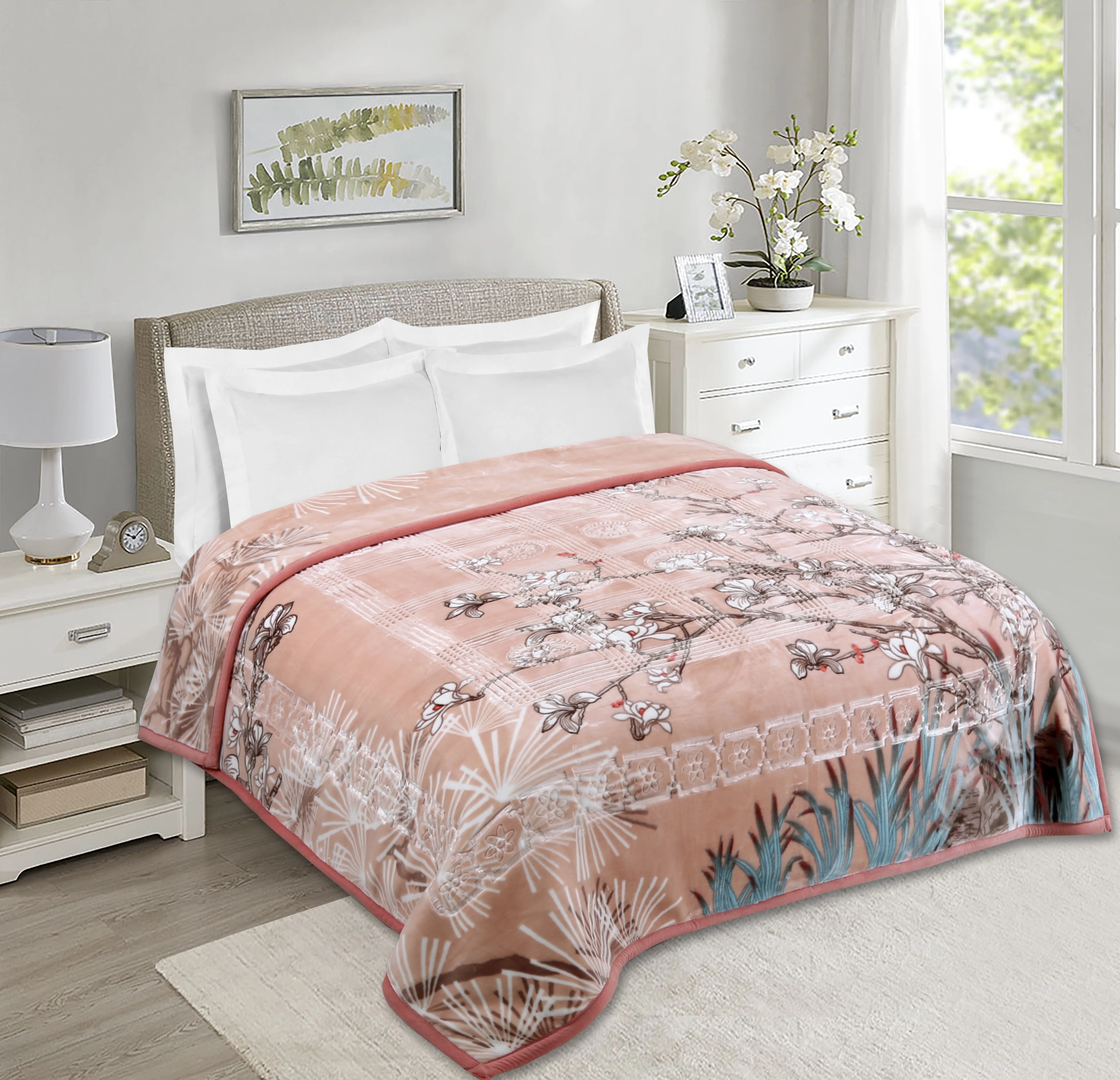 Nestl 12 Lbs Plush Fleece Blanket, 2 Ply Thick Heavy Reversible Raschel Korean Style Warm Bed Blanket, King, Peach Floral