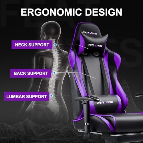 GTRACING Gaming Chair with Footrest, Ergonomic Computer Game Desk Chair, Recline Gaming Chair Seat Height Adjustment, Swivel Rocker with Headrest and Lumbar (Blue)