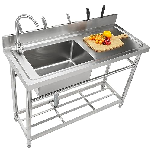 VEVOR Stainless Steel Utility Sink, 1 Compartment Free Standing Small Sink w/Workbench Faucet & legs, 39.4 x 19.1 x 37.4 in Commercial Single Bowl Sinks for Garage, Restaurant, Laundry