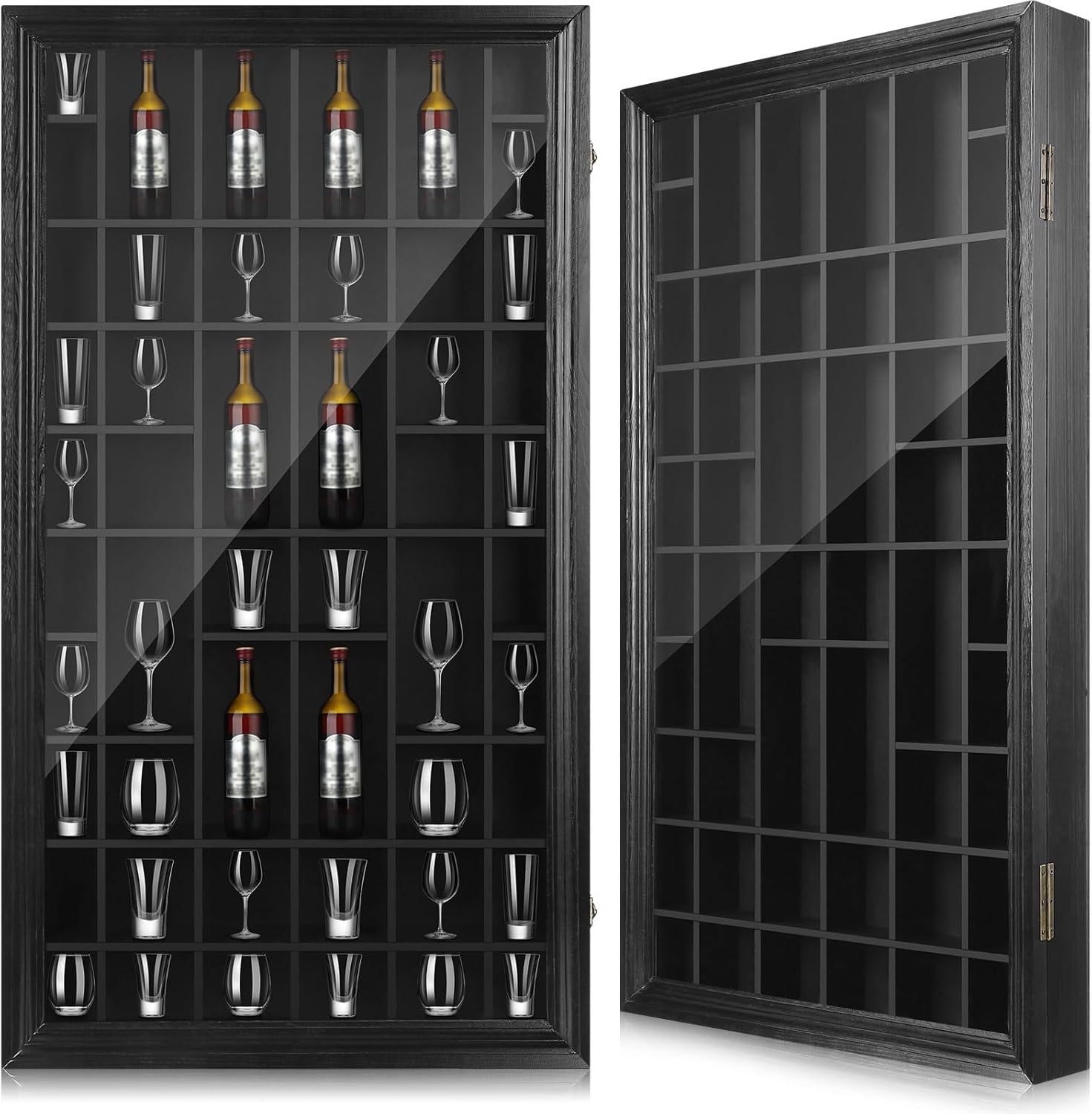 2 Pcs Shot Glass Display Case 50 Slots Wood Shot Glasses Holder 32.5 x 17.9'' Wall Mount Cabinet Rack Holder for Collectibles Glass Bar Cabinet with Lockable Acrylic Door