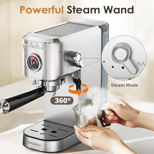 Spacekey Espresso Machine 20 Bar, Professional 1350W Espresso Maker with Milk Frother, Compact Stainless Steel Cappuccino & Latte & Americano Maker with 39oz Removable Water Tank, Silver
