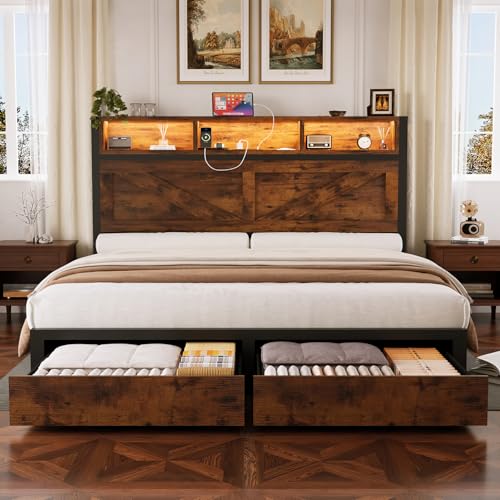Farmhouse Full Bed Frame with Bookcase Storage Headboard, Charging Station, LED Light and 2 Storage Drawers, Noise Free, No Box Spring Needed, Brown