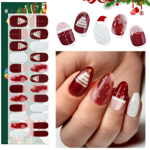 EBANKU 24PCS Christmas Semi Cured Gel Nail Strips, Tree Stickers Adhesive Pink Glitter UV Wraps Snowflake Polish Strips With File and Stick for Holiday Manicure