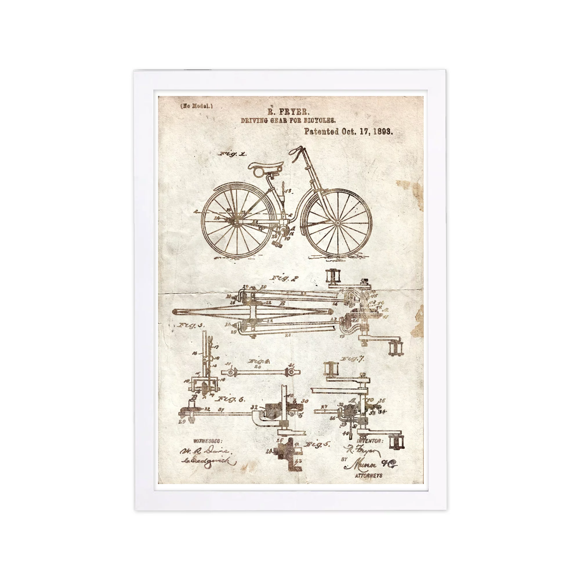 Wynwood Studio 'Fryer Driving Gear for Bicycle 1893 Parchment' Transportation Framed Wall Art Print - Brown, White