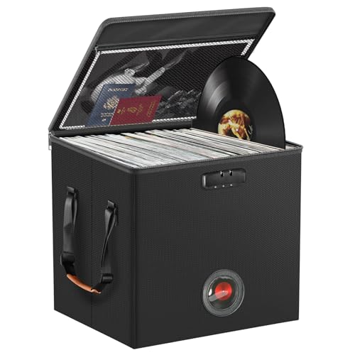 Vinyl Record Storage Box with Lock&Label,Fireproof＆Water Resistant LP Record Storage Crate for 100+ Single Records,Collapsible Vinyl Record Case with Lid&Handles for Valuable Album Collection