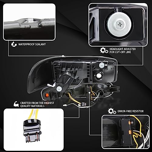 AUTOZENSATION Compatible with 2000-2006 GMC Sierra Denali, Yukon XL Denali, Black Smoke LED Tube Headlights + Sequential Bumper Lights