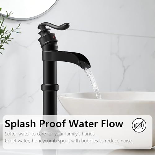 Vessel Sink Faucet, Oil Rubbed Bronze Black Bathroom Faucet, Farmhouse Waterfall Sink Faucet Single Hole with Pop Up Drain Assembly Without Overflow One Hole Mixer Tap Deck Mount