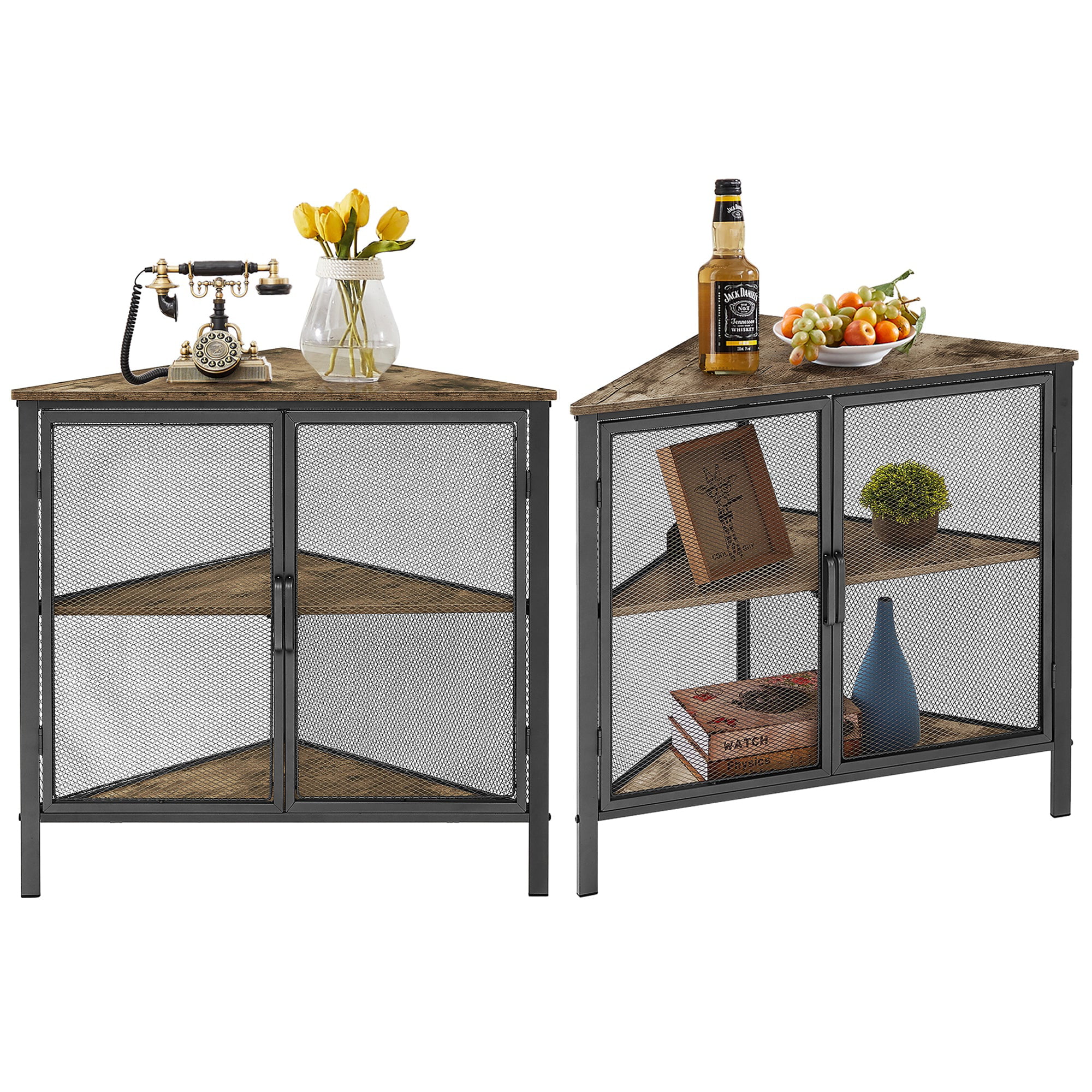 VECELO Set of 2 Triangle Corner Shelf with Ventilation Protection Door for Bedroom/Living Room/Kitchen, Gray