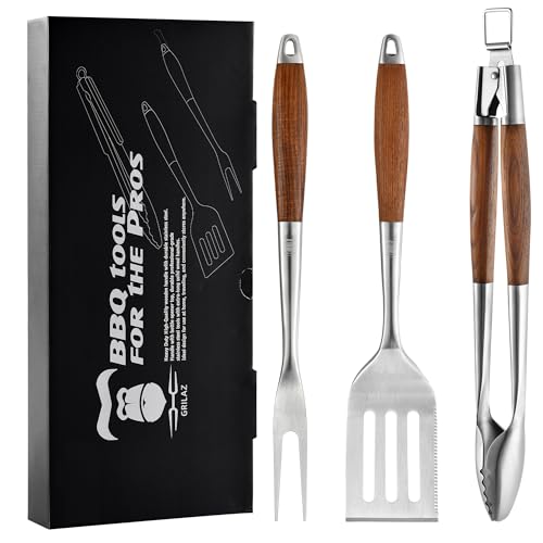 Heavy-Duty Rose Wooden BBQ Grilling Tools Set. Extra Thick Stainless Steel Multi-Function Spatula, Fork & Tongs | Essential Accessories for Barbecue & Grill. Ideal Gift for Father…