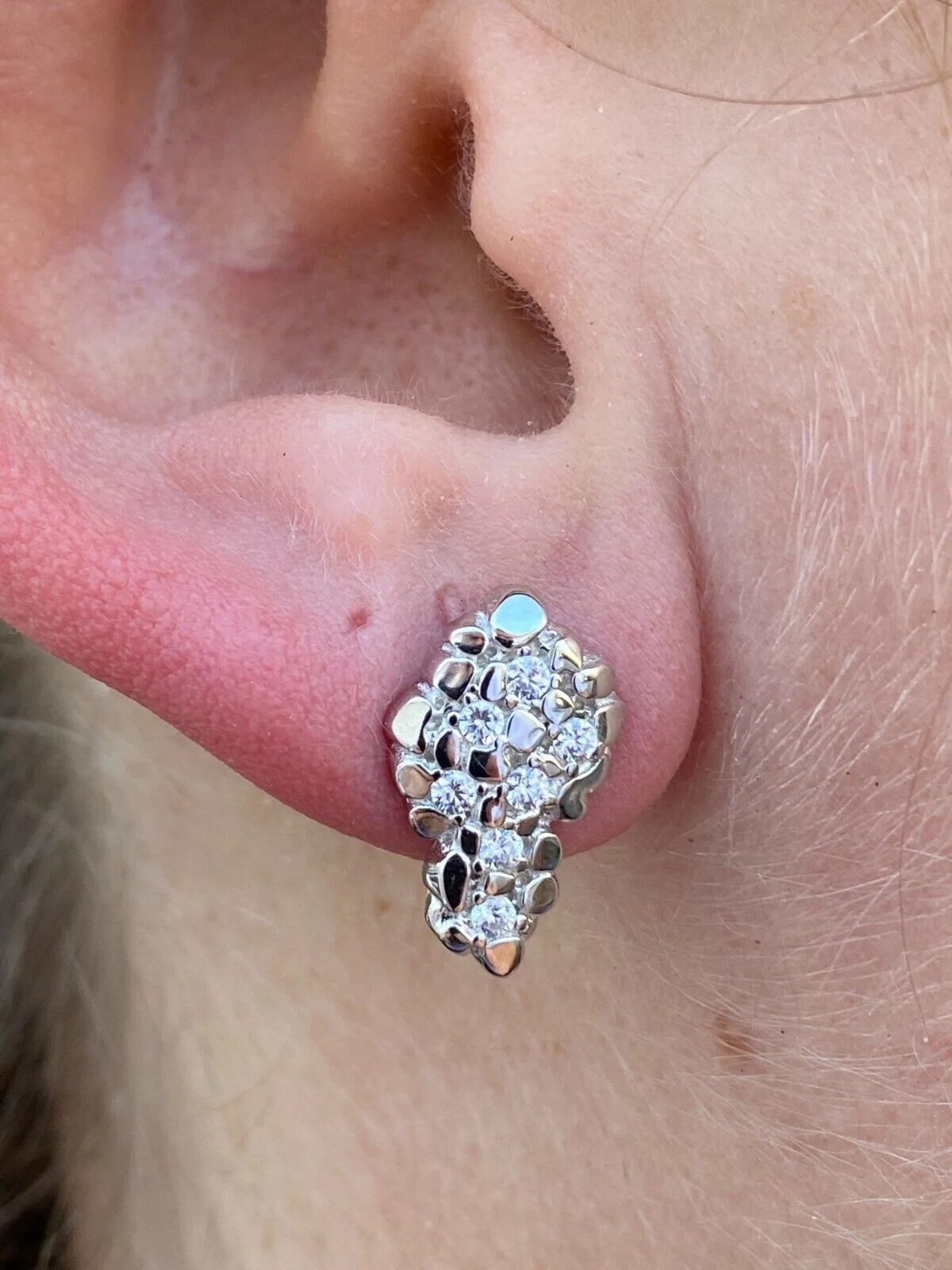 Mens HipHop Real Solid 925 Sterling Silver CZ Nugget Earrings Large Iced Studs