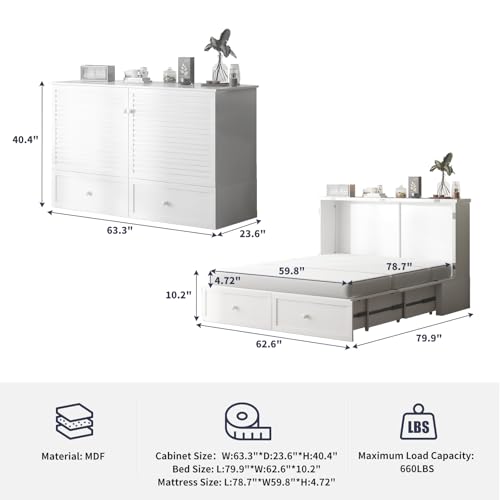 Murphy Bed, Cabinet Bed Queen Size with Tri-Folding Mattress, Hidden Guest Wall Beds, Cabinet Murphy Chest Beds with USB Charging Station, Storage Drawer for Living Room, Bedroom - White
