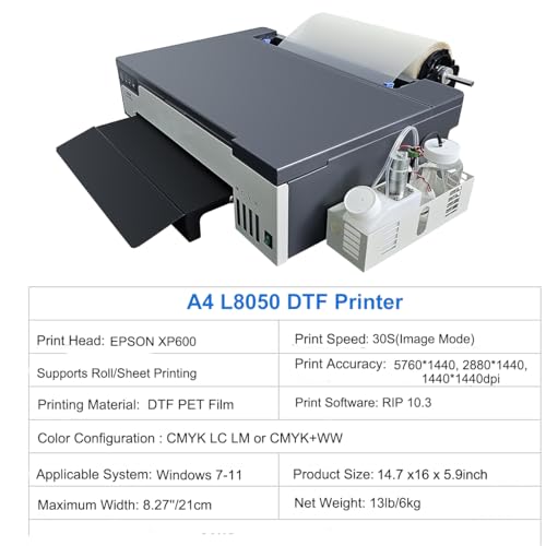 DTF Printer Machine - with XP600 Printhead, Faster Speed Higher Resolution 5760 * 1440dpi, T Shirt Printer DTF Transfer Machine with Roll Feeder, White Ink Mixing System (L8050)