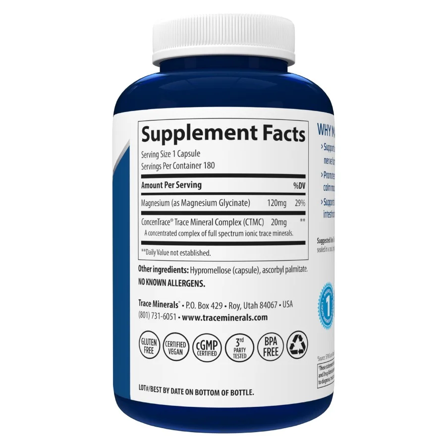 Trace Minerals Magnesium Glycinate Supplement, 120 mg, for Sleep, Calm Mood, and Normal Muscle, Heart, Liver, Bone & Nerve Function, 180 Day Supply