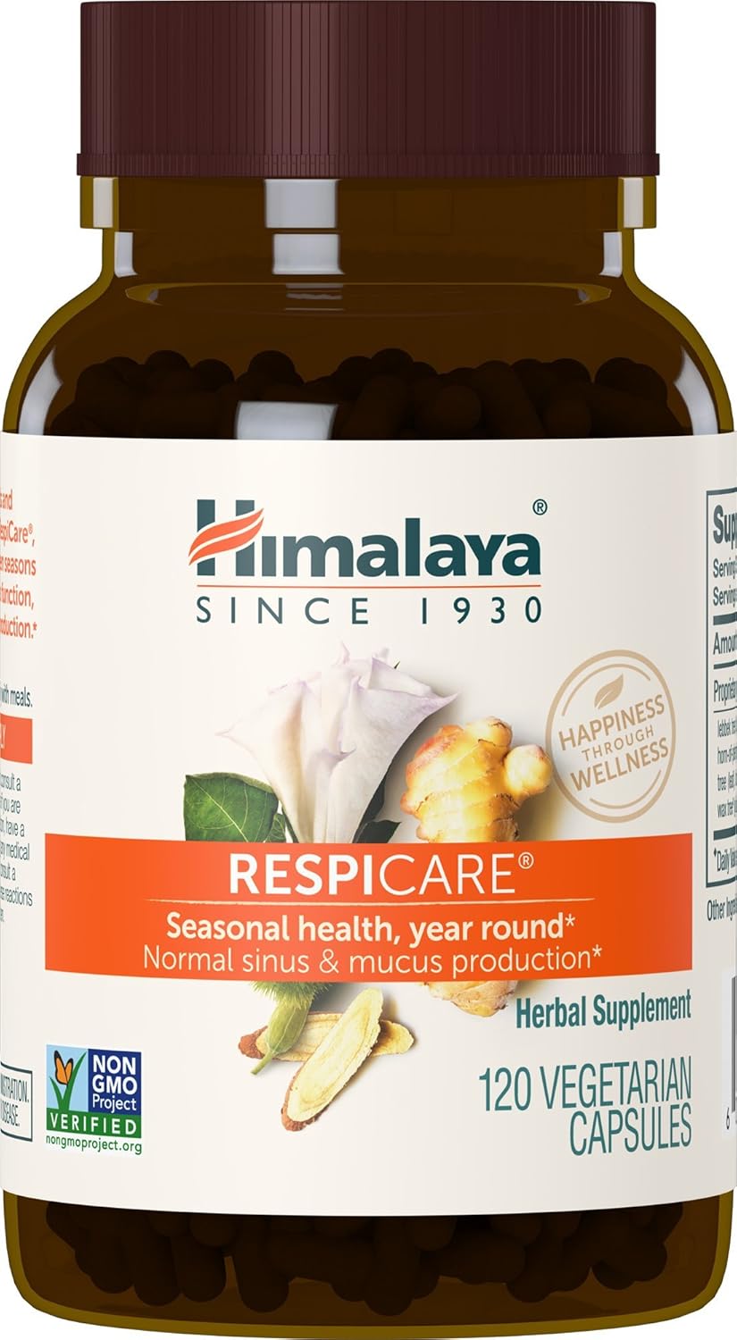 Himalaya RespiCare for Healthy Breathing and Sinus Support, 570mg, 120 Vegetarian Capsules, 1 Month Supply