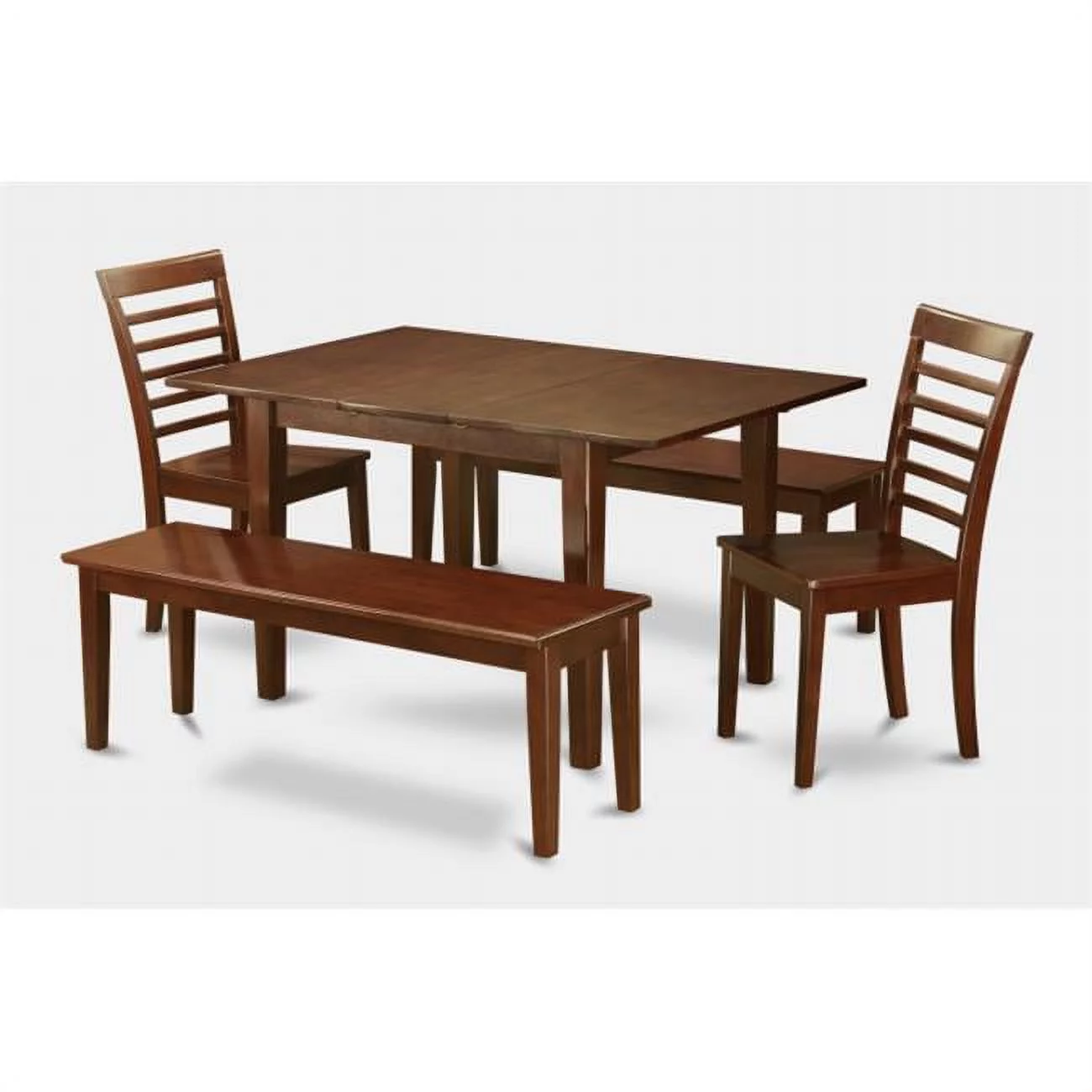 East West Furniture  5Pc Dining Table 32x60in With 2 Ladder Back Wood Seat Chairs and 2 52-in Long Benches