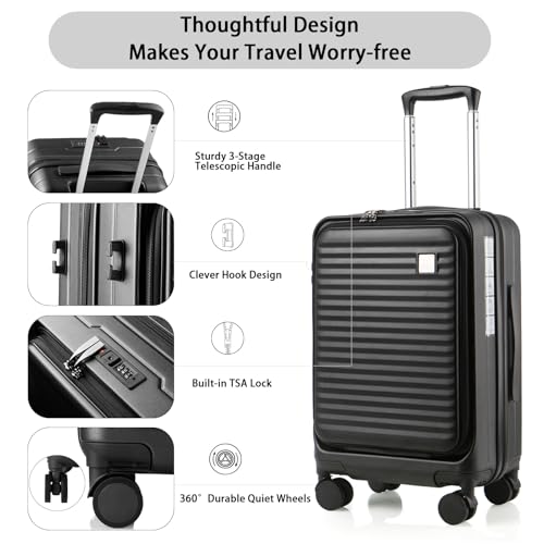 Expandable Carry On Luggage Durable Hardside Lightweight Rolling Suitcases with Spinner Wheels TSA Lock, (Black, 20-Inch)