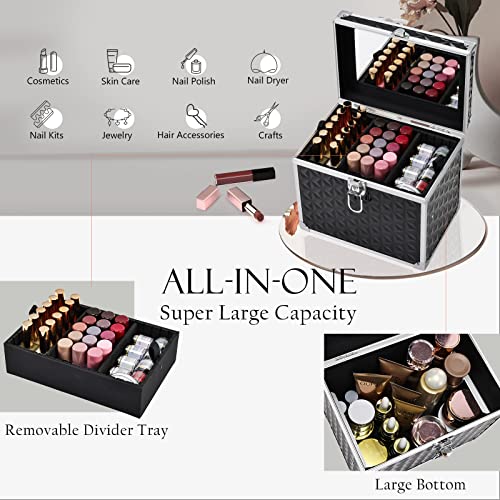 Costravio Makeup Train Case Travel Organizer Case Professional Cosmetic Storage Box with Divider Tray Mirror Portable Cosmetology Sewing Box for Makeup Artist Nail Tech Kits Crafters Train Case Black
