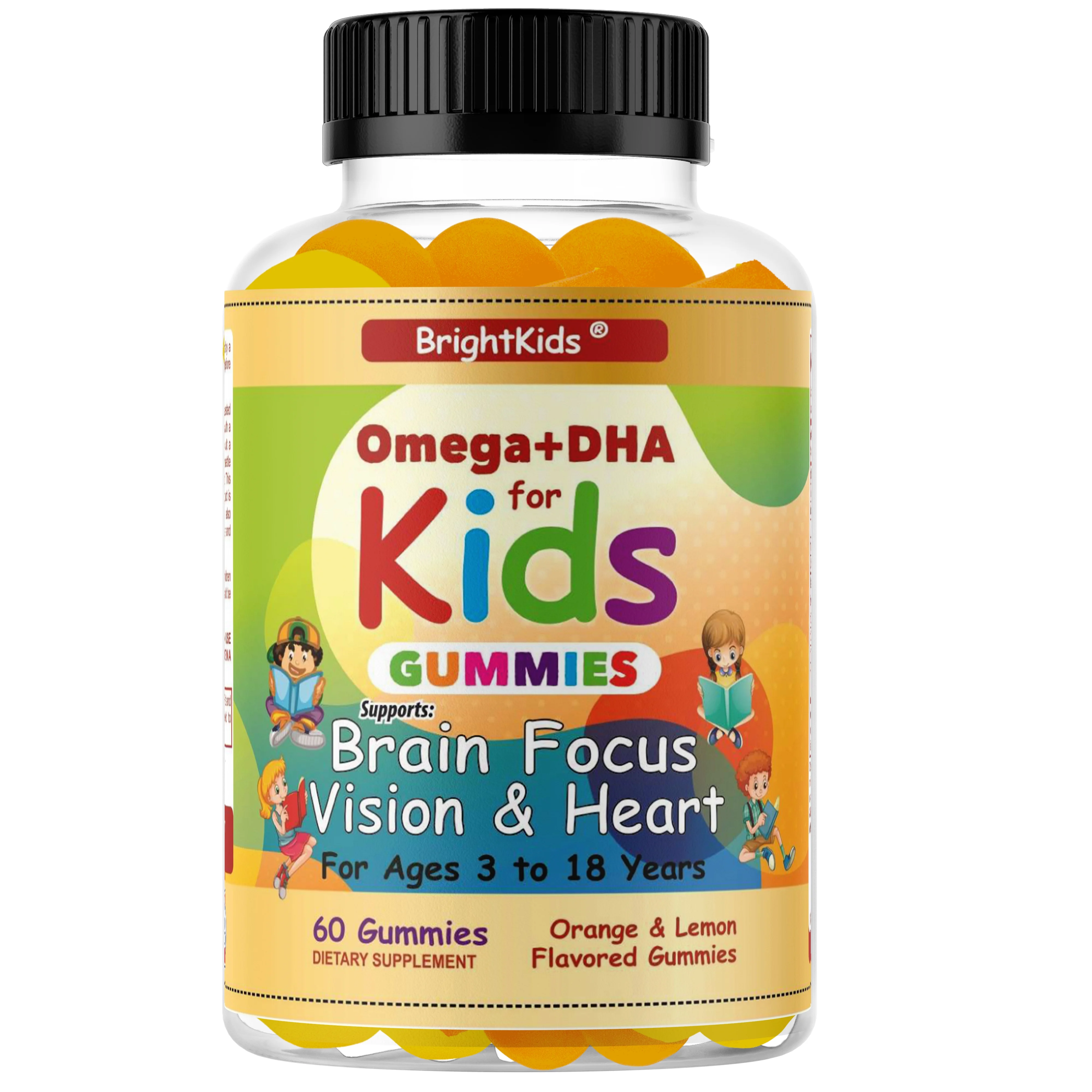 BrightKids Brain Focus, Vision & Heart Health Formula, Omega 3 Vitamin +DHA for Kids & Teens Support Attention Memory Cognition 60 Gummies