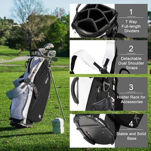 KVV Lightweight Golf Stand Bag with 7 Way Full-Length Dividers, 5 Zippered Pockets, Automatically Adjustable Dual Straps，Elegant Design