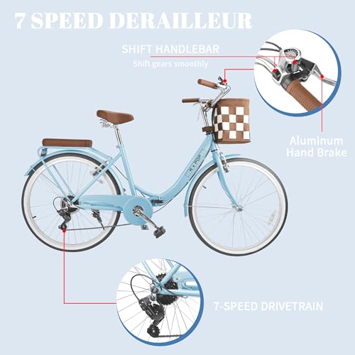 LayBurst Foldable Beach Cruiser Bike,Stylish 26-Inch Women's Bike with Front Basket,7-Speed,Classic Paint,Streamlined Design,Ladies' Bike for Commuting,Fitness,and Vacation