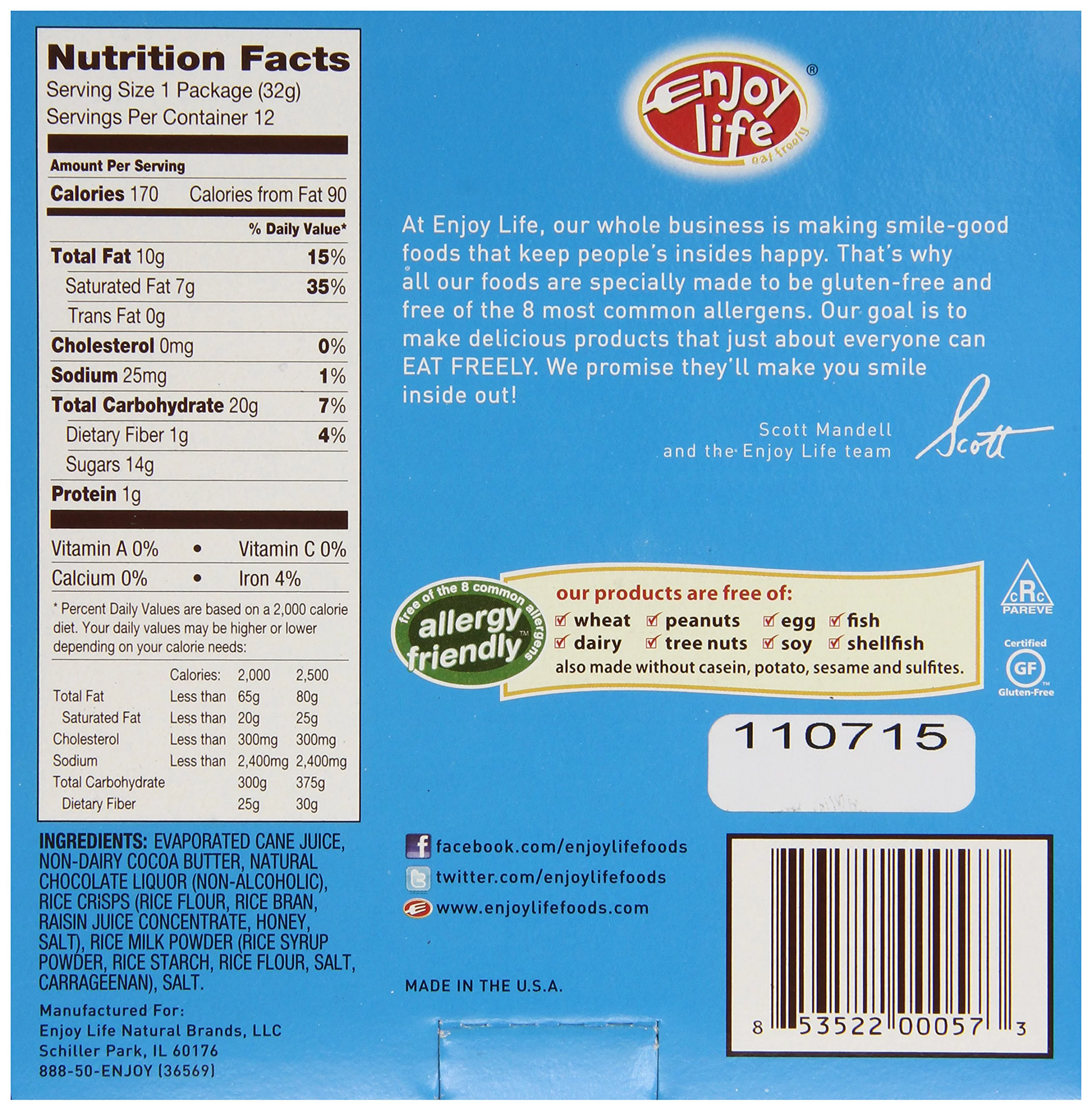 Enjoy Life Foods Milk Chocolate Crispy Rice Bar ( 24x1.12 OZ)