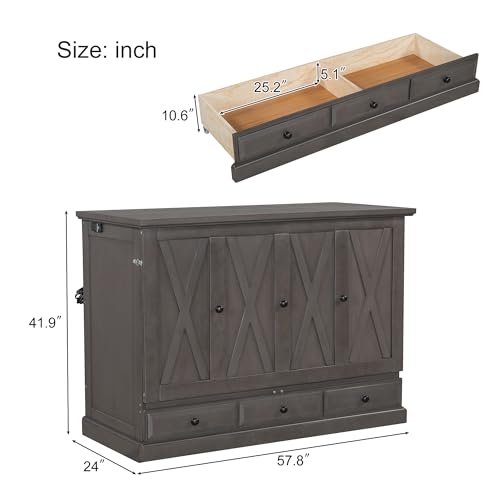 Harper & Bright Designs Queen Size Murphy Bed, Solid Pine Queen Murphy Frame Chest Cube Cabinet Bed with Charging Station and Large Storage Drawer for Home Office or Small Room, Gray
