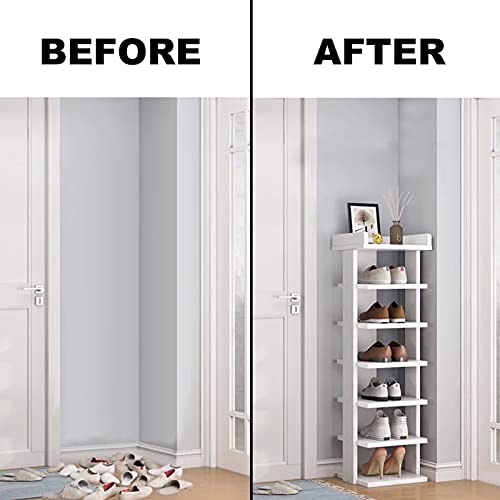 Wooden Shoe Rack, 7-Tier Small Shoe Rack for Entryway, Narrow Shoe Organizer Stand with Extra Top Storage, Multi-Function Storage Shelf for Bedroom Hallway and Closet, Space Saving (White)