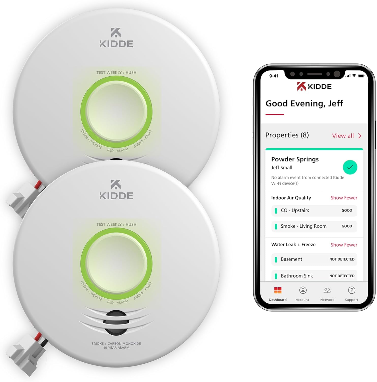 Kidde Smart Smoke & Carbon Monoxide Detector, WiFi, Alexa Compatible Device, Hardwired w/Battery Backup, Voice & App Alerts, 2 Pack