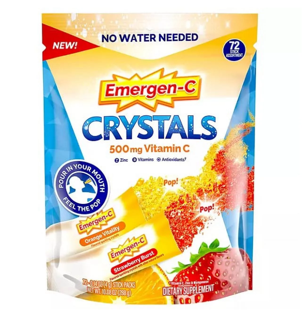 Emergen-C Crystals 500 mg Vitamin C Immune Support, Orange & Strawberry (72 Ct)