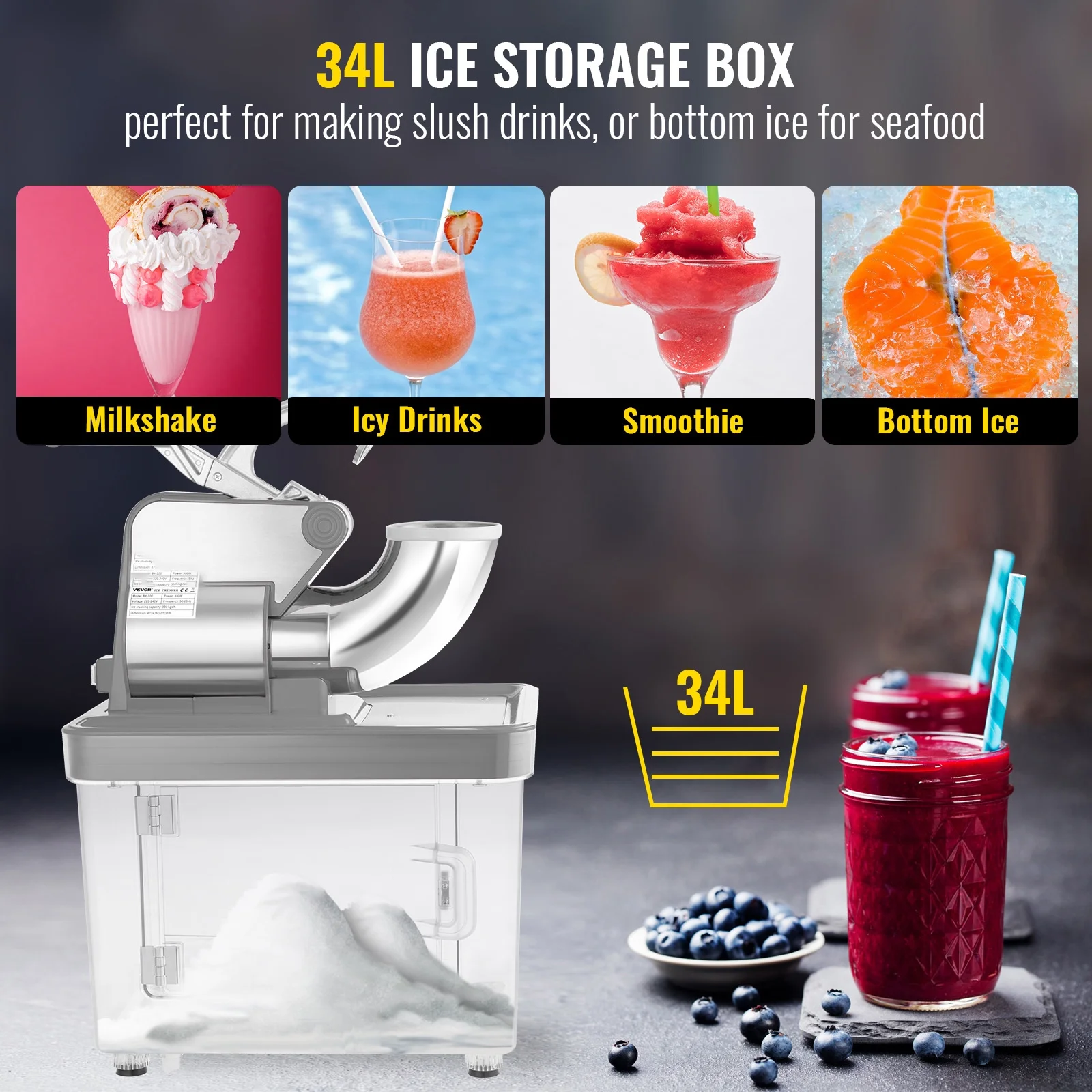 BENTISM Commercial Ice Crusher, Snow Cone Machine 180 kg/H Snow Cone Maker, Silver