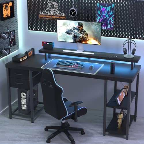 Computer Desk with Drawer and Power Outlets, Gaming Desk with LED Light, Work Desk with Shelves and PC Stand for Home Office (Black)