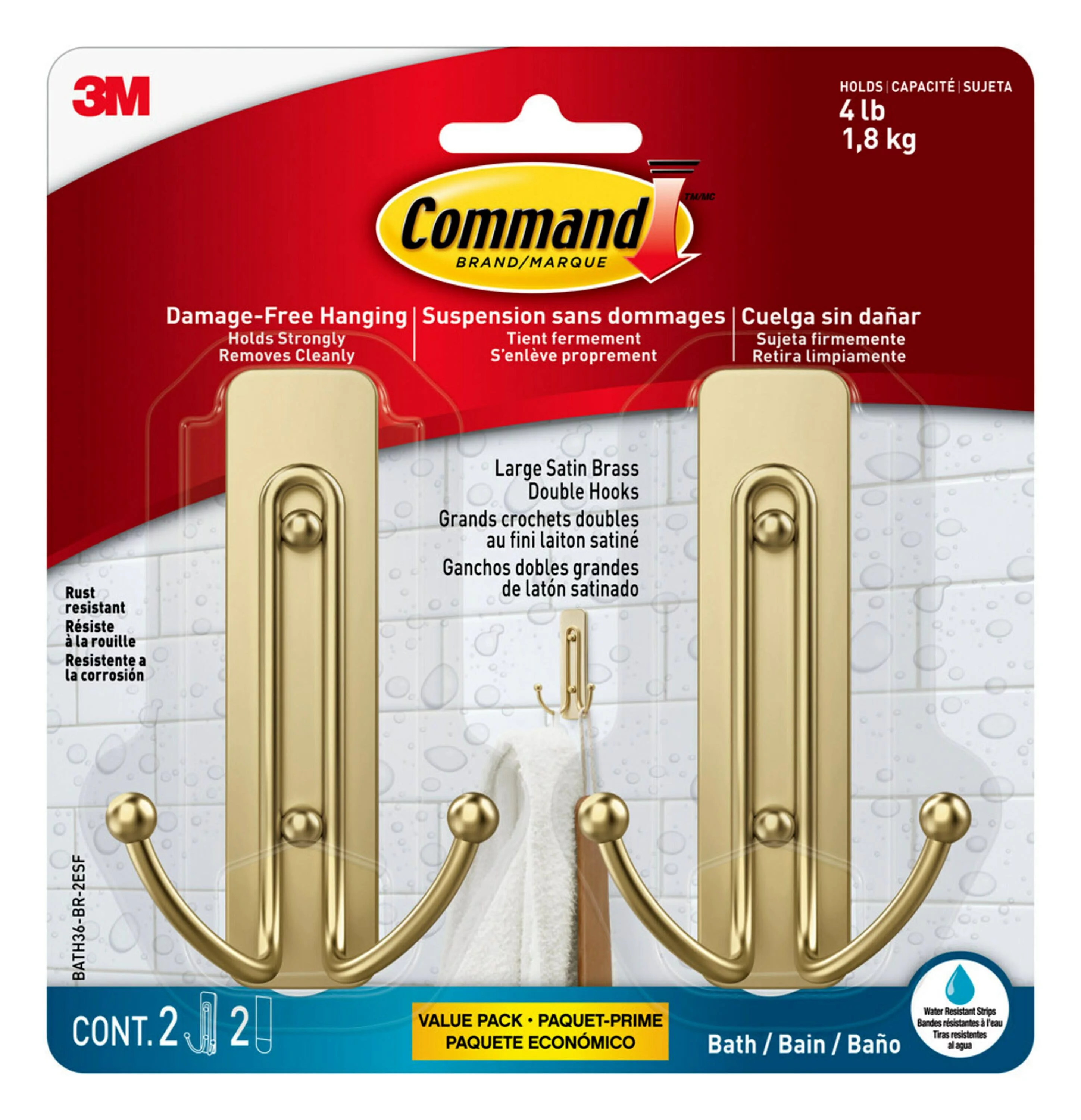 Command Bath Large Brass Finish Double Hook 2 Pack