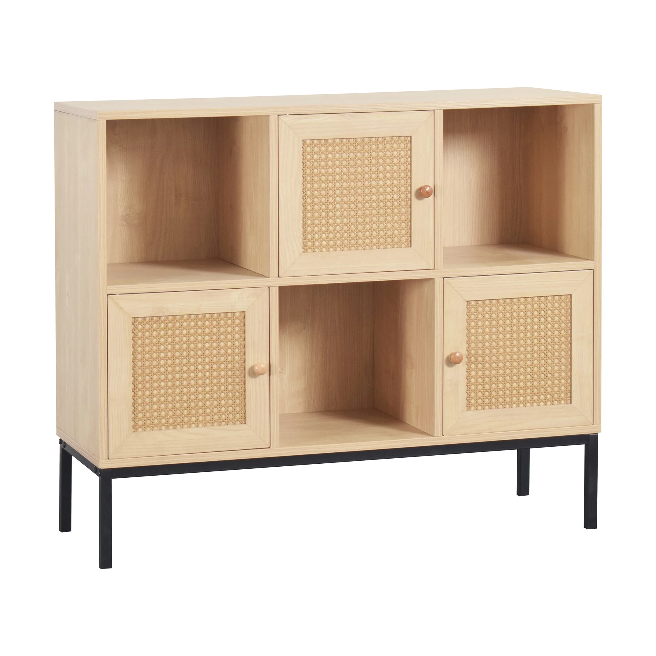 Koga Cube Organizer/Display Shelf with 3 Drawers and Rattan Detail, Natural Color Wood