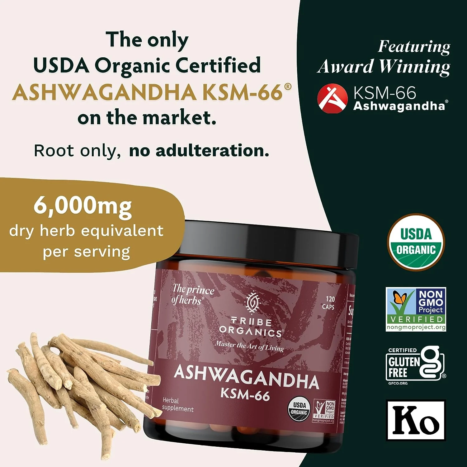 Tribe Organics 600mg KSM-66 Ashwagandha Herbal Supplement to Support Energy, Strength 120 Capsules