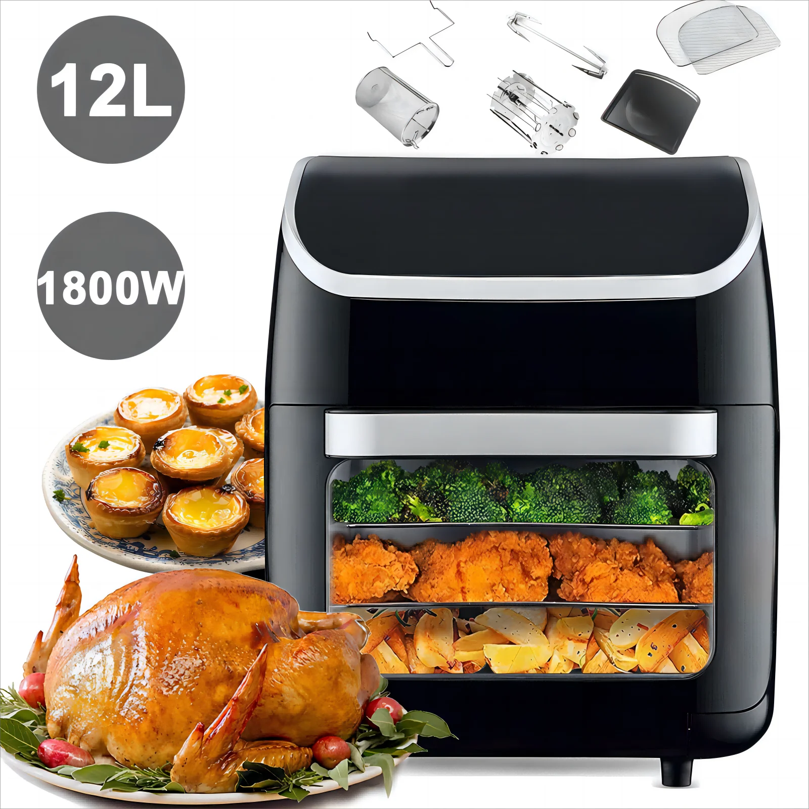 Jacgood 12L 1800W Air Fryer Oven, 10-in-1 Family-Sized Oven, Digital Air Fryer Oil Free Low Fat Healthy Cooker With Touch Screen and Temperature Control