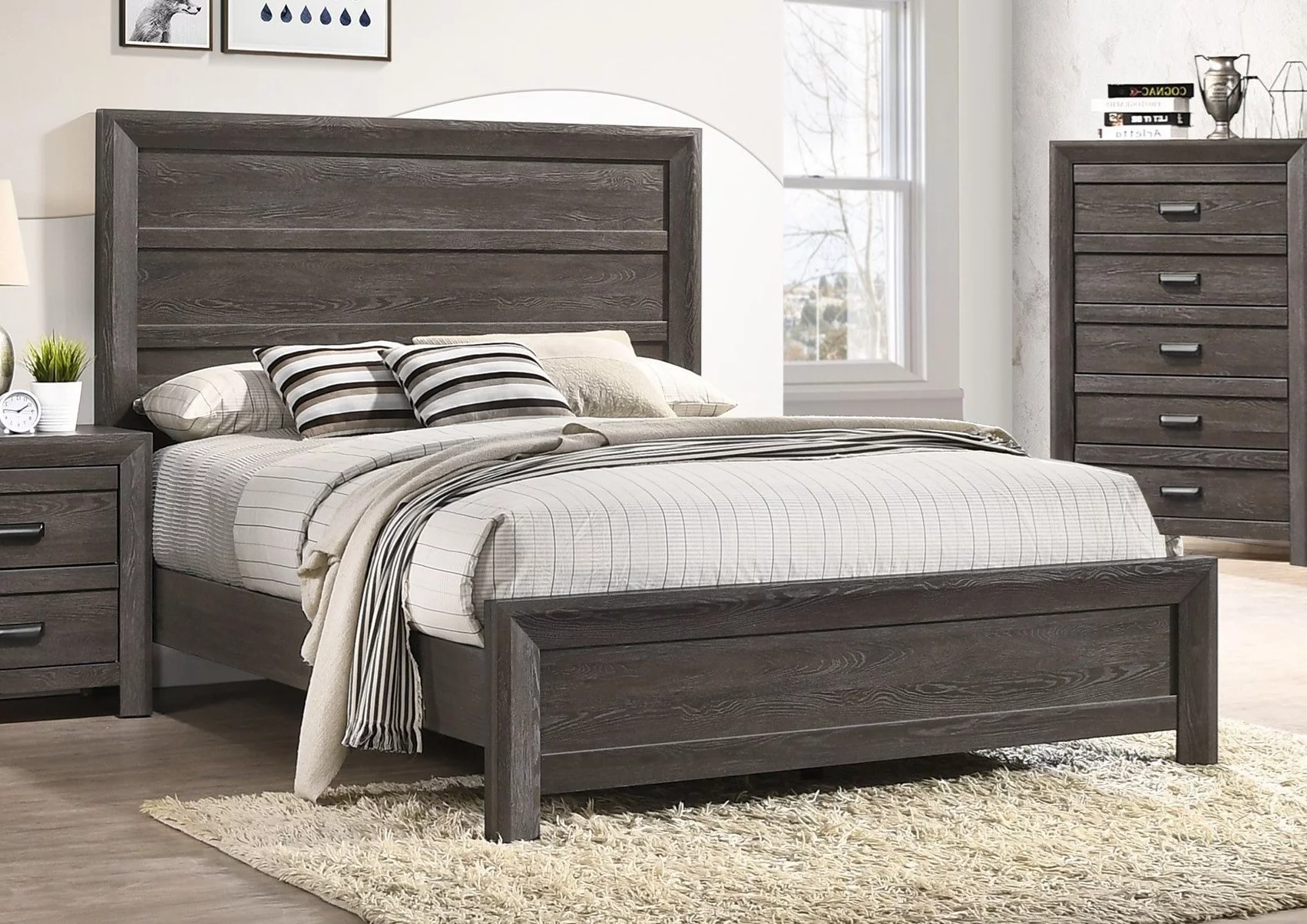 Contemporary Bedroom Furniture Queen Size Bed Set Dresser Mirror Nightstand Brown Finish 5pc