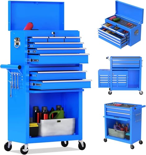 8-Drawer High Capacity Rolling Tool Chest, Removable Cabinet Storage Tool Box with Wheels and Drawers, Detachable Toolbox with Lock for Workshop Mechanics Garage(Black&Green)