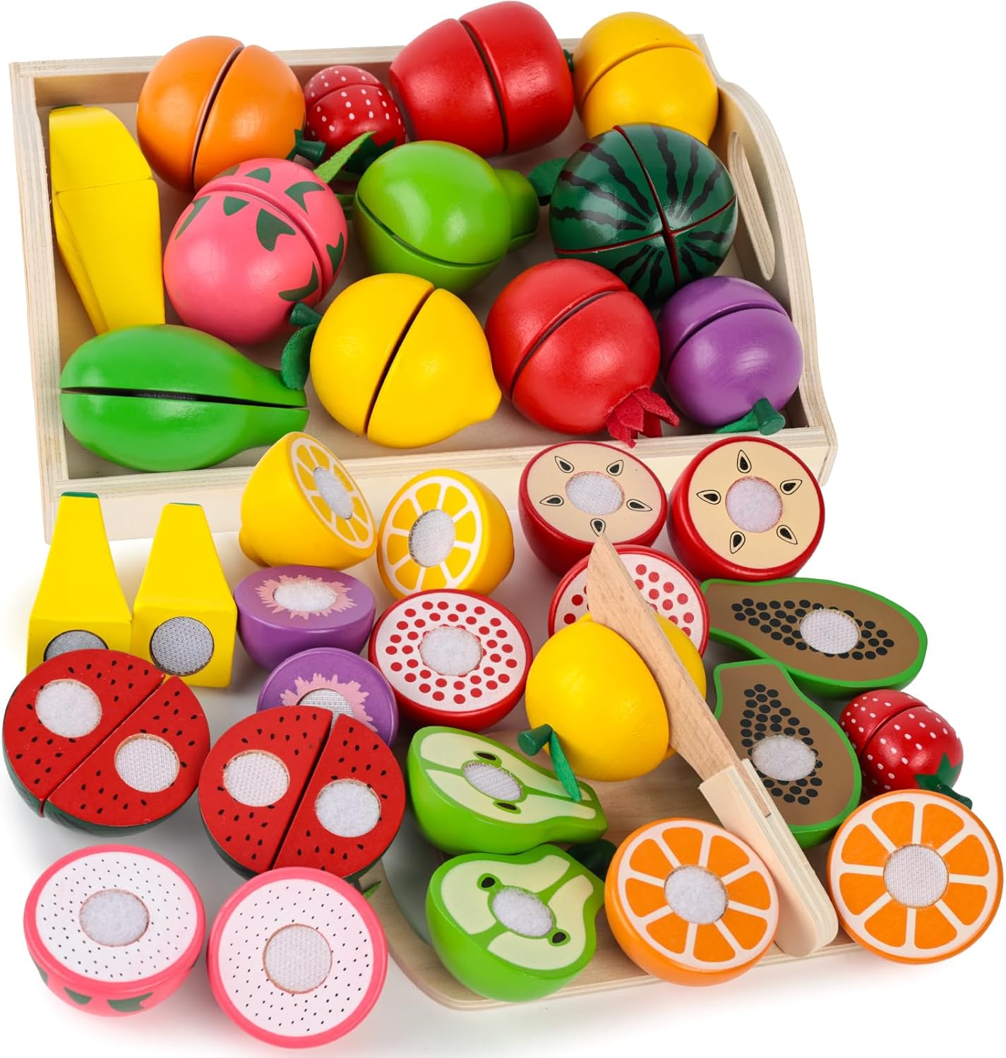 MCPINKY Wooden Play Food Set for Kids Kitchen, Montessori Toys Pretend Cutting Fruits Toys with Wooden Tray, Play Kitchen Accessories for Kids Educational Toys