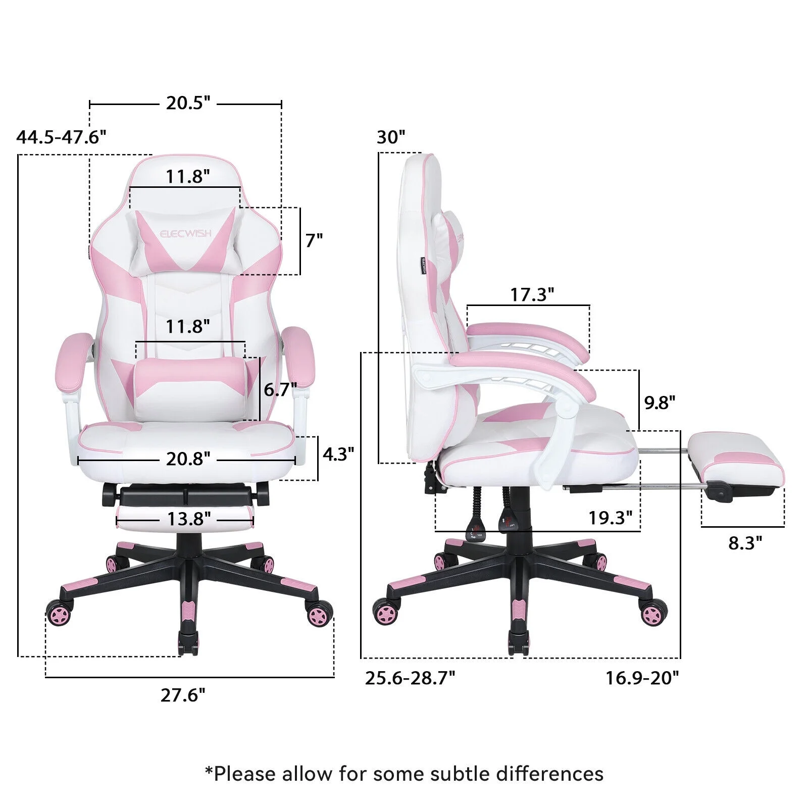 FULLWATT Video Gaming Chair Office Chair Ergonomic PC Computer Chair Reclining Racing Chair with High Back Swivel Executive Office Desk Chair with Extendable Footrest Adjustable Lumbar Pillow Pink