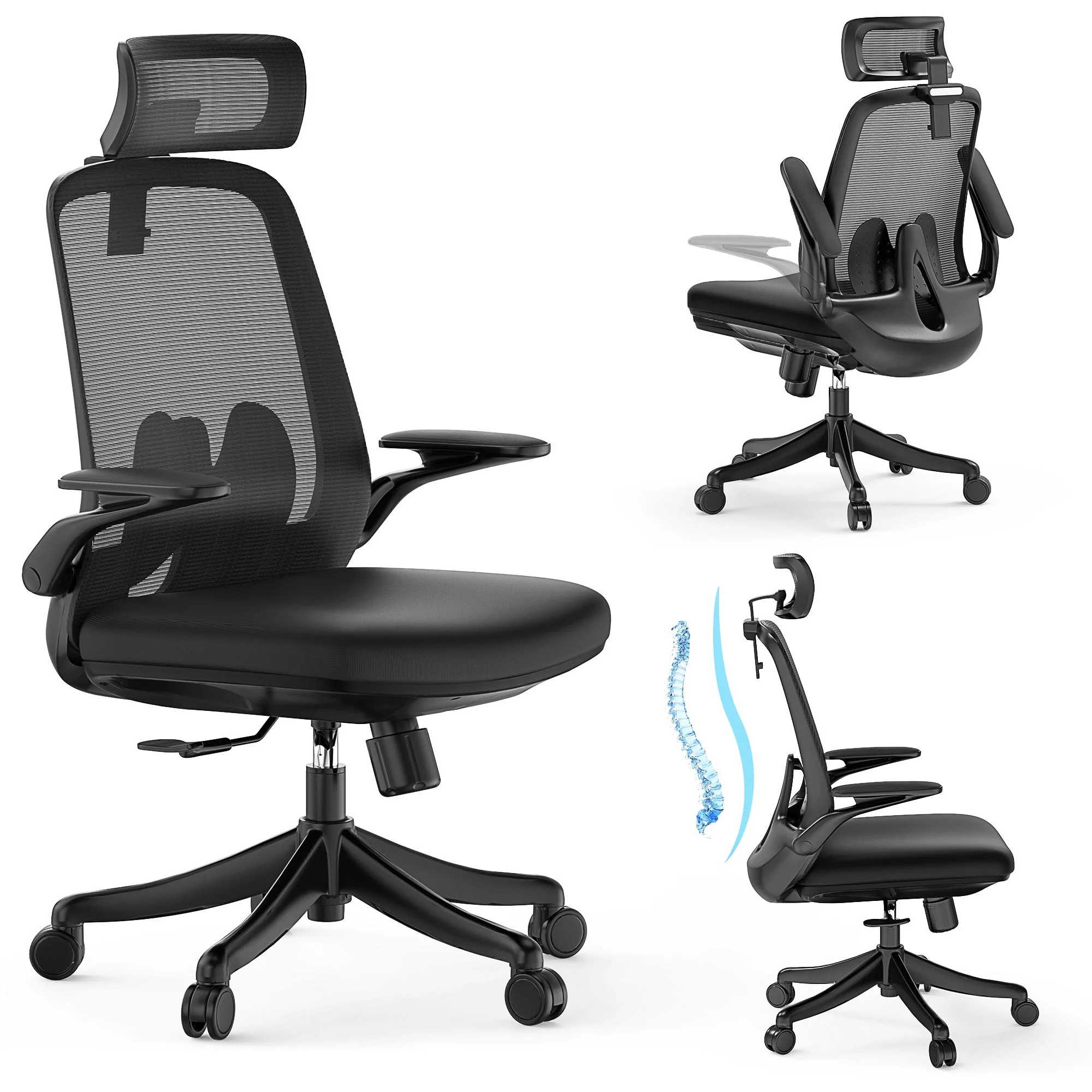 Famistar Office Chair, Ergonomic Mesh Office Chair with 90° Flip-Up Arms Adjustable Headrest, Lumbar Support and PU Wheels, 360° Swivel Computer Task Chair Black