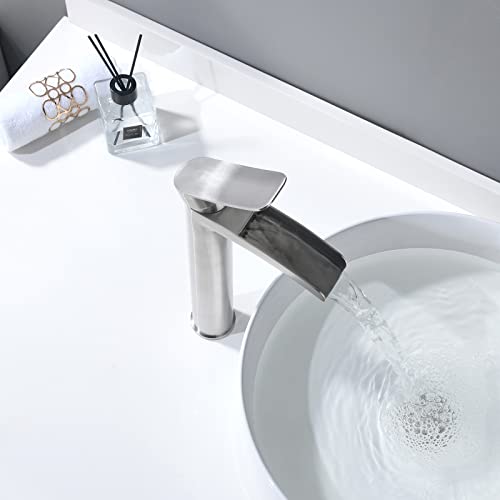 Phiestina Brushed Gold Tall Bathroom Vessel Sink Faucet, Single Hole Single Handle Waterfall Modern Bathroom Faucet, with Pop Up Drain and Water Supply Line, NS-SF01-BG-V