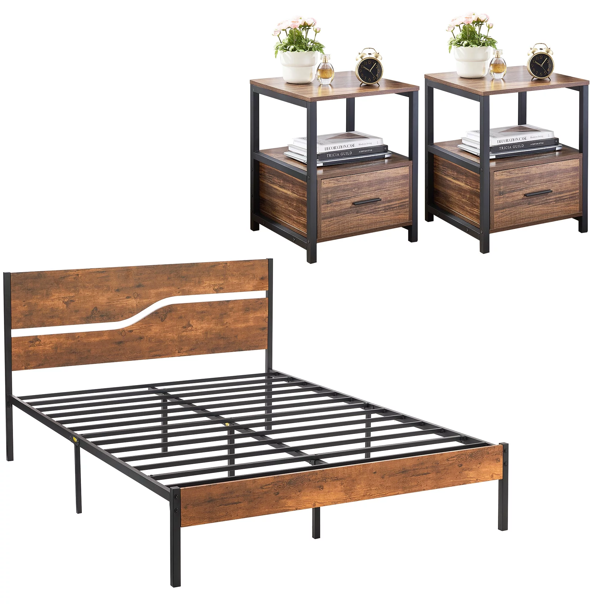 VECELO 3-Piece Bedroom Set Full Bed Frame and 2 Brown Nightstands