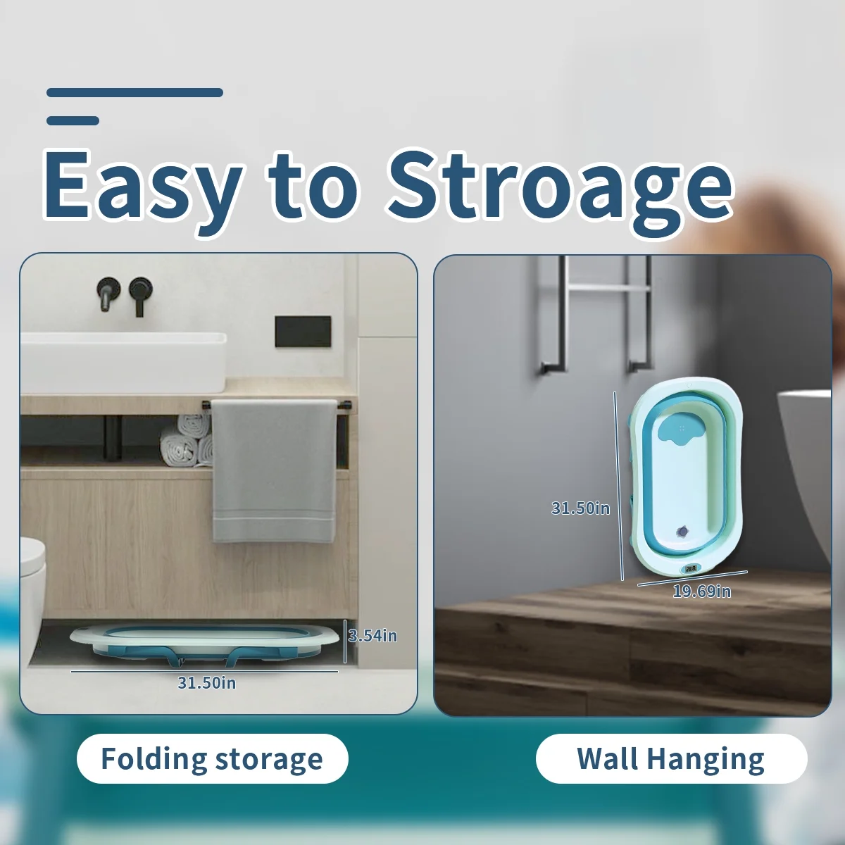 Collapsible Baby Bath Tub with Cushion & Thermometer Portable Travel Bathtub with Drain Hole Durable Newborn Bathtub for Infants to Toddler, Blue