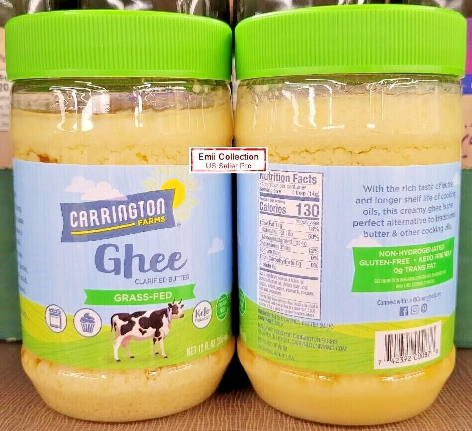 Carrington Farms Grass-Fed Ghee Clarified Butter 12fl oz 355ml (2 Jars)