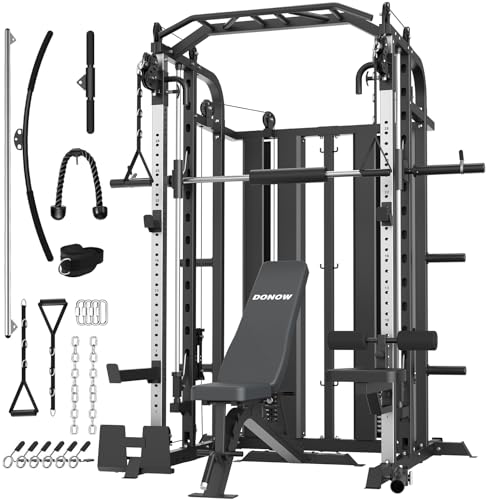 DONOW Smith Machine with Weight Stacks Power Cage Squat Rack Dual Cable Crossover Machine Home Gym Systems Station LAT Pull Down