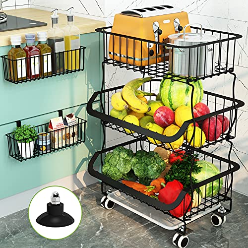Fruit Vegetable Basket, 1Easylife 5 Tier Stackable Metal Wire Basket Cart with Rolling Wheels, Utility Rack for Kitchen, Pantry, Garage With 2 Free Baskets (Black)