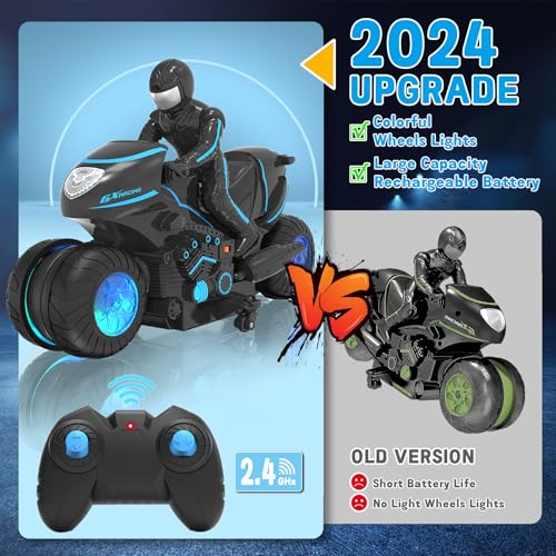 RC Motorcycle, Remote Control Motorcycle with RGB Wheels Lights - 360-degree Rotations, Drifts, High-Speed, RC Car Dirt Bike Toy for Boys 4-7 8-12 Years Kids