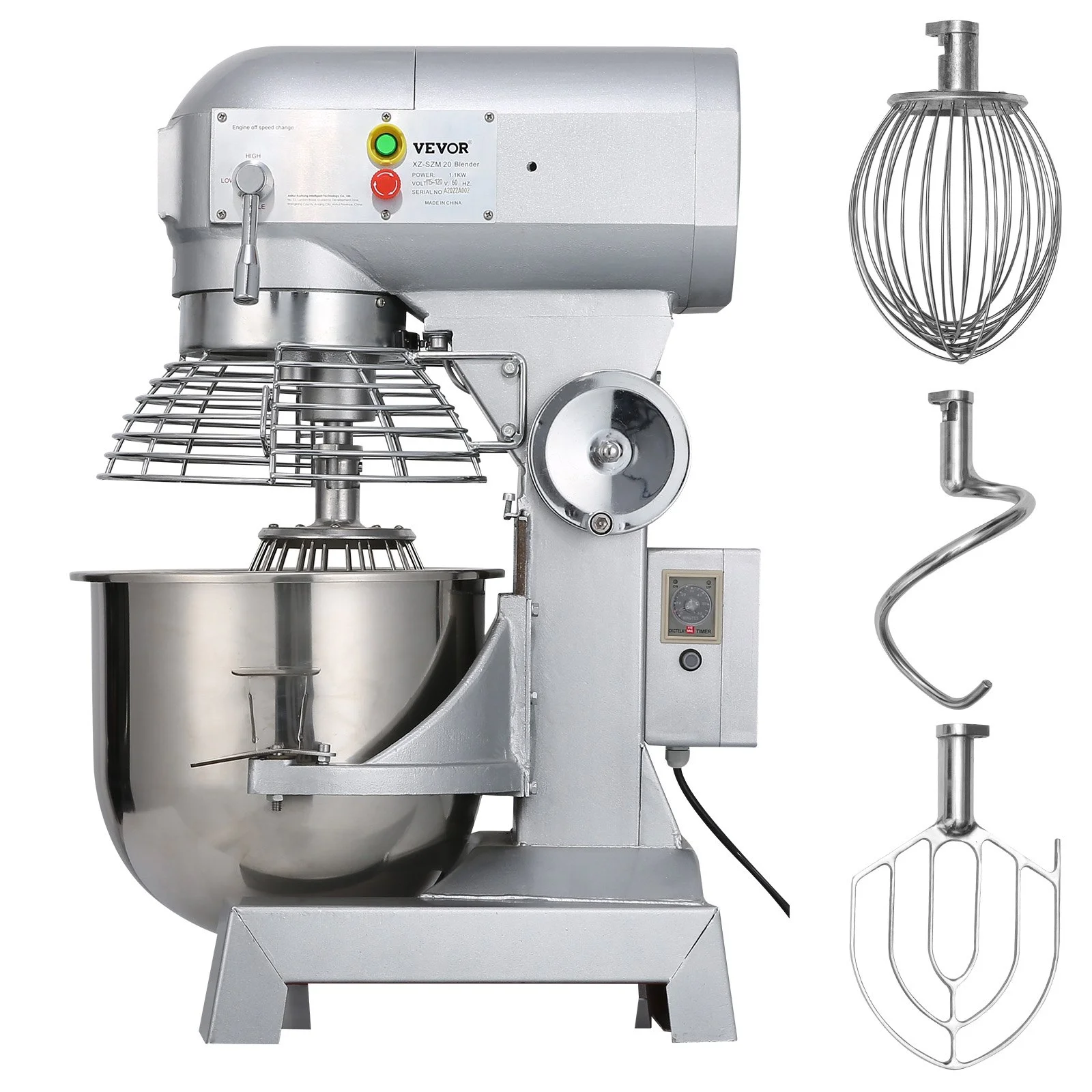 VEVOR Commercial Food Mixer, 15Qt 600W, 3 Speeds Adjustable, Heavy Duty 110V, Stainless Steel Bowl Dough Hooks Whisk Beater