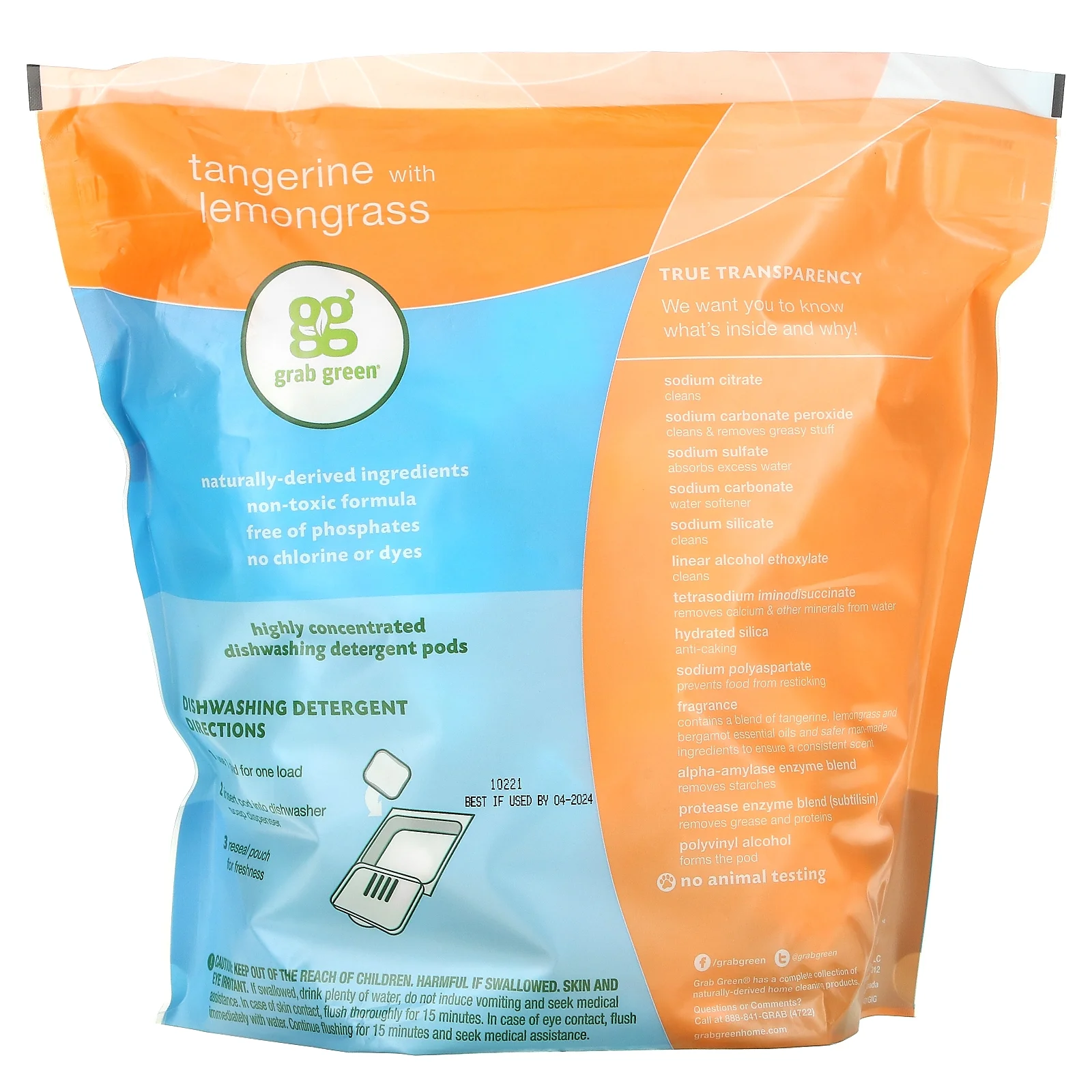 Grab Green Natural Dishwasher Detergent Pods, Tangerine + Lemongrass-With Essential Oils, 132 Count, Organic Enzyme-Powered, Plant & Mineral-Based